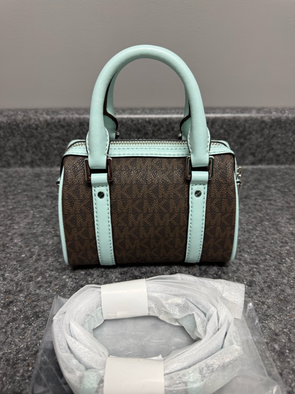 NWT Michael Kors Bedford Legacy XS Logo Duffle Crossbody Bag Brown/Aqua Blue 178 - Picture 4 of 16